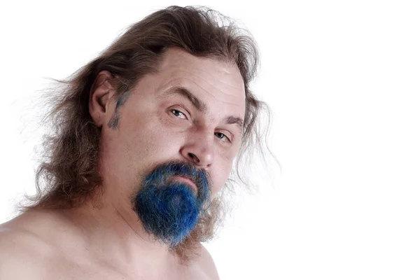 Retrato Primer Plano Varón Adulto Con Pelo Largo Barba Azul — Foto de Stock