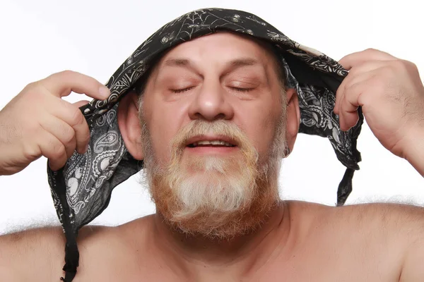 Retrato Primer Plano Hombre Adulto Bandana Teñir Barbas Bigote Estudio —  Fotos de Stock