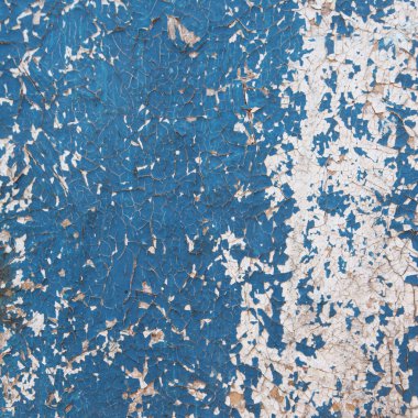 Eski harap duvarın beyaz ve maviye boyanmış makro izole edilmiş parçası.