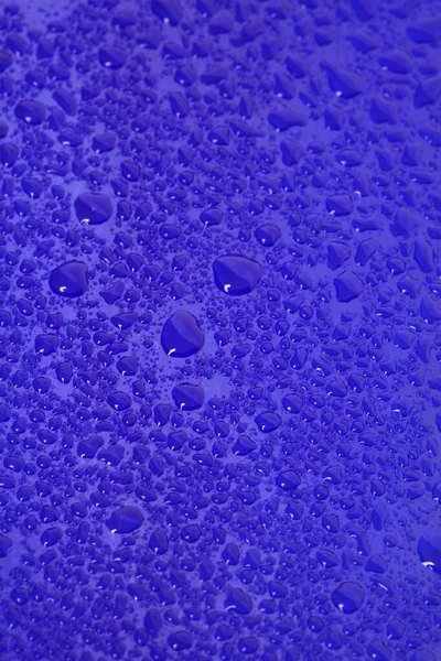 Капли Воды Крупным Планом Стекле Синем Фоне — стоковое фото