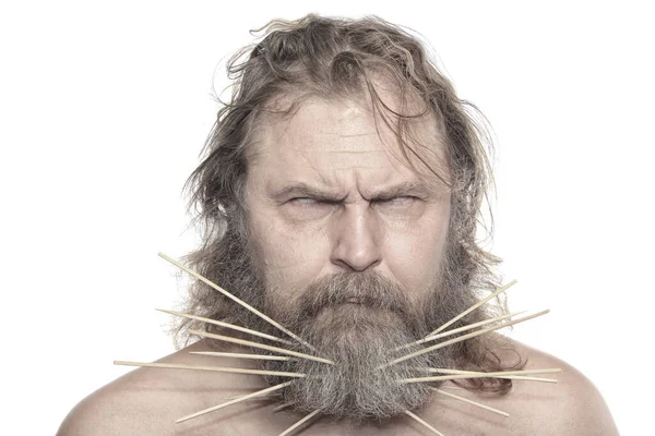 Крупным Планом Портрет Веселого Человека Палками Бородатой Студии — стоковое фото