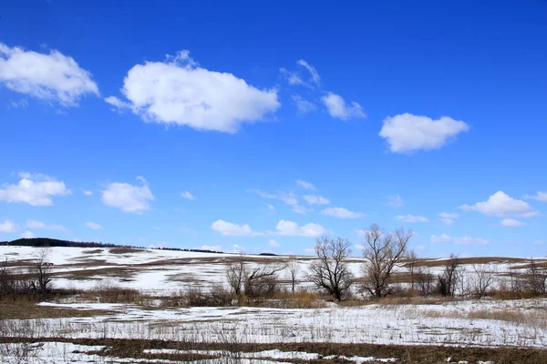 Vår Landskap Snö Smälter Fältet Och Vita Moln Blå Himmel — Stockfoto