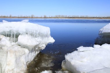yakın çekim büyük buz kütleleri mavi gökyüzüne karşı nehrinde güneşli bir günde erken ilkbaharda manzara. 