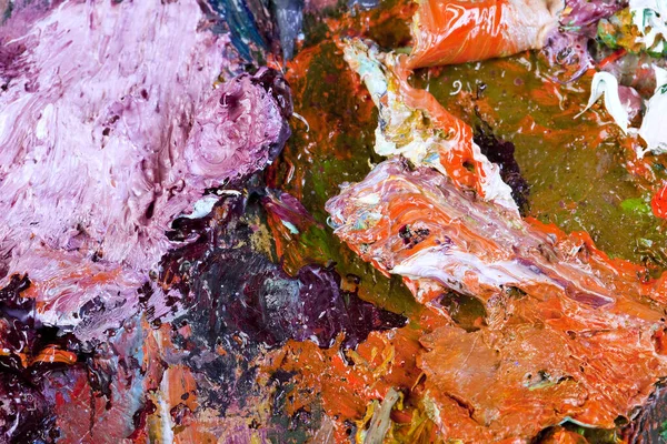 Macro Artiste Palette Texture Peinture Huile Mixte Différentes Couleurs Studio — Photo