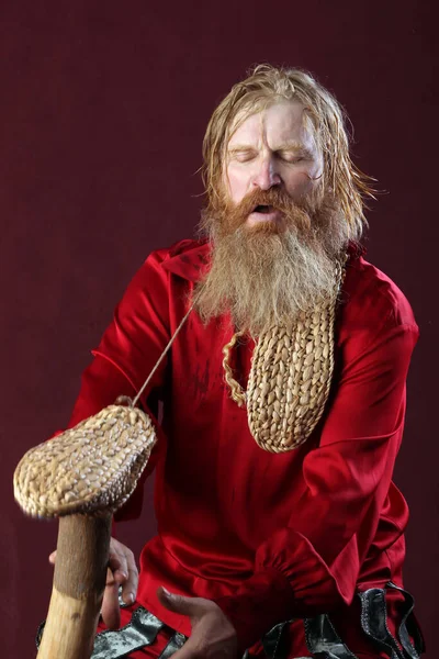 Portret Van Een Man Een Rood Shirt Met Lange Haarbaard — Stockfoto