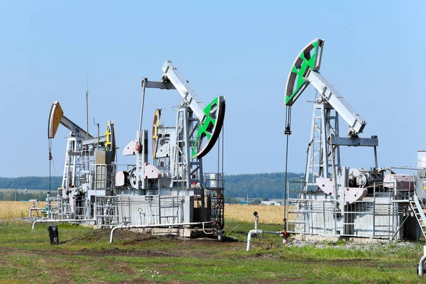 summer landscape oil pumps in the grain fields on the background of the blue sky on a sunny day