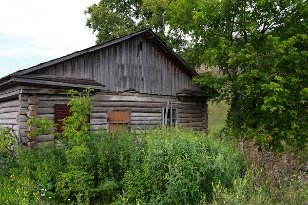 Παλιό Εγκαταλελειμμένο Ξύλινο Σπίτι Είναι Κατάφυτη Γρασίδι Και Δέντρα Καλοκαίρι — Φωτογραφία Αρχείου