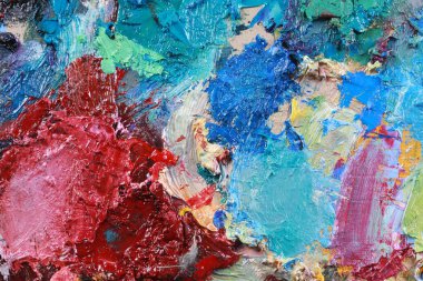 makro ressamın paleti, dokusu farklı renklerde ve doygunluk stüdyosunda karışık yağlı boya.