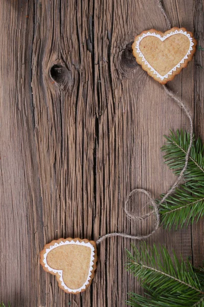 Detail Krásné Slavnostní Vánoční Zátiší Větví Smrku Sušenek Koření Dřevěném — Stock fotografie