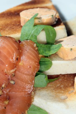 Kızarmış ekmek, füme kırmızı balık ve beyaz tabak stüdyosunda yeşillikler.