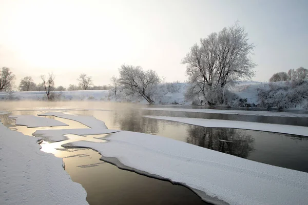 Winter Landscape Snow Covered Fields Trees River Early Misty Morning — Stock Photo, Image
