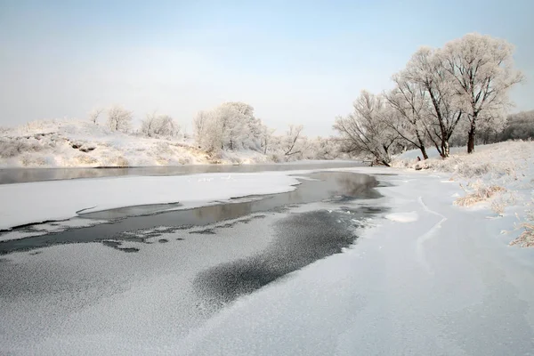 Winter Landscape Snow Covered Fields Trees River Early Misty Morning — Stock Photo, Image