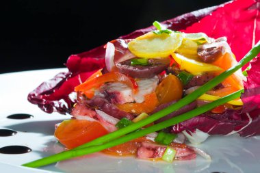 Makro salatayı beyaz bir tabağa güzelce yerleştirmiş sebzelerle süslenmiş ve koyu arkaplanda lahana yaprağı bordo stüdyosu var.