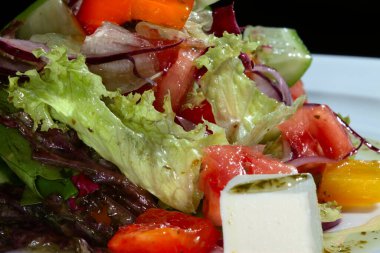 Güzel dekore edilmiş bir Yunan salatasının siyah bir arka plan stüdyosundaki beyaz tabakta yakın plan fotoğrafı.