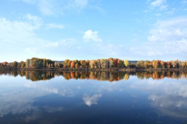 Renkli ağaçların sonbahar manzarası sakin nehrin yansıyan yüzeyine yansıyor.