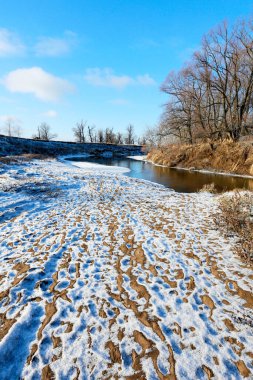 Güneşli bir kış günü, dondurucu nehrin ve yapraksız meşe ağaçlarının resimsel manzarası.