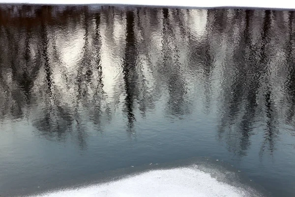 Schöne Winterlandschaft Reflexion Der Bäume Wasser Ruhigen Fluss Einem Bewölkten — Stockfoto