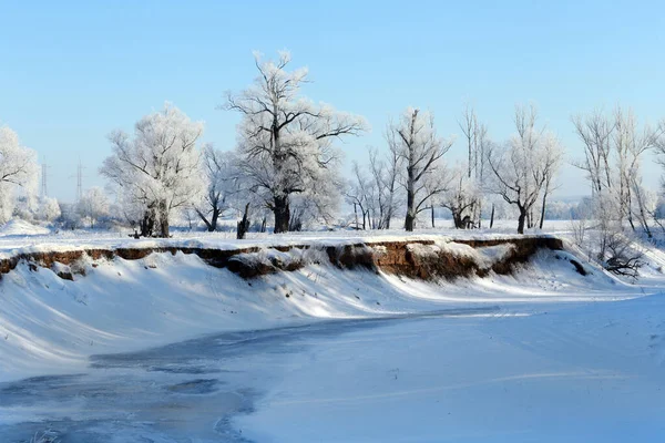 Kış Manzarası Güneşli Nehirde Dondurucu Bir Sabah Mavi Gökyüzü Kumlu — Stok fotoğraf