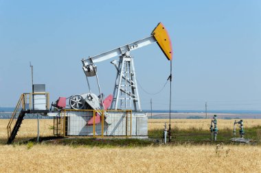 Yazın, güneşli bir günde mavi gökyüzünün arka planındaki tahıl tarlalarına petrol pompalanıyor.