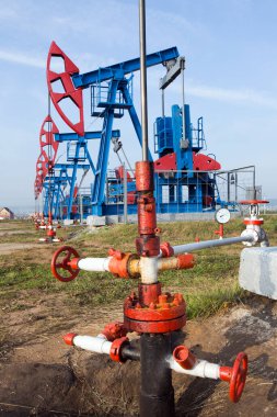 Yazın mavi gökyüzünün arka planındaki çayırlardaki petrol pompalarını kapatın.