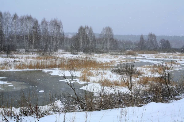 Paesaggio Primavera Disgelo Sul Fiume Vicino Alla Foresta All Inizio — Foto Stock