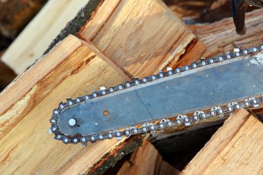 Güneş ışığında kesilen odun parçalarının arka planında yakın çekim testeresi 