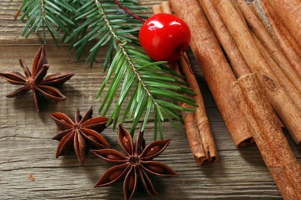 Närbild Vacker Festlig Jul Stilleben Grenar Gran Kakor Och Krydda — Stockfoto