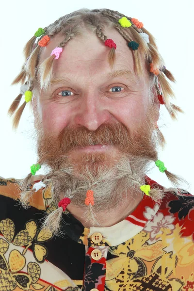 Retrato Primer Plano Hombre Con Trenzas Bigote Barba Camisa Color — Foto de Stock
