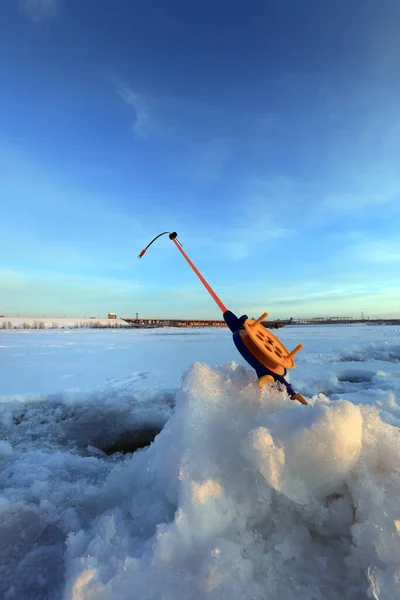 Paysage Hiver Tige Sur Rivière Près Trou Coucher Soleil — Photo