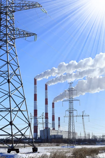 Winter Landscape Smoke Chimneys Zainsk Tpp Blue Sky Frosty Misty — Stock Photo, Image