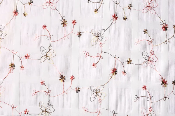 Macro Texture White Fabric Floral Embroidery Studio — Stock Photo, Image