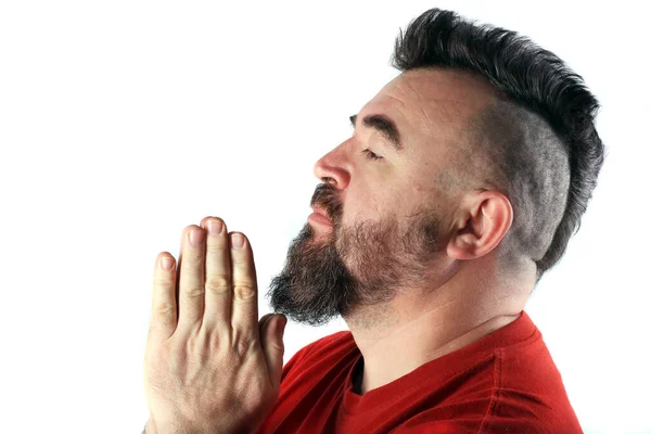 Close Retrato Perfil Homem Com Mohawk Dobrou Mãos Oração — Fotografia de Stock