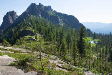 Güneşli bir yaz gününde Ergaki Batı Sayan 'daki Kaplumbağa Dağı manzarası.