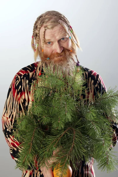 長い髭 口ひげ 髪の毛の長い大人の男性のクローズアップ肖像松の枝を保持し 薄い背景にオレンジのスタジオ — ストック写真