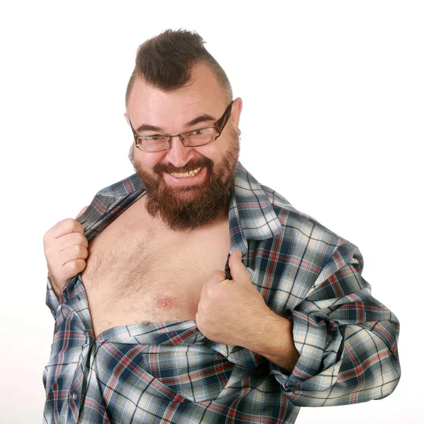 Retrato Cerca Joven Con Barba Bigote Rasgando Camisa Pecho — Foto de Stock