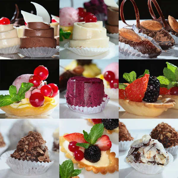 Collage Cerca Nueve Imágenes Exquisitos Postres Hechos Con Chocolate Nueces — Foto de Stock