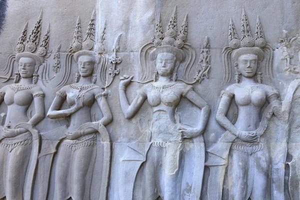 Zbliżenie Tekstury Kamienia Rzeźbiąc Starożytne Płaskorzeźby Świątyni Angkor Wat Kambodży — Zdjęcie stockowe