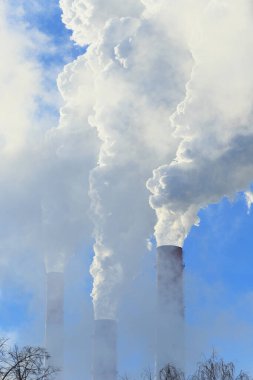 Beyaz dumanlı endüstriyel peyzaj boru tesisleri ve mavi gökyüzüne karşı yapraksız ağaçların tepeleri