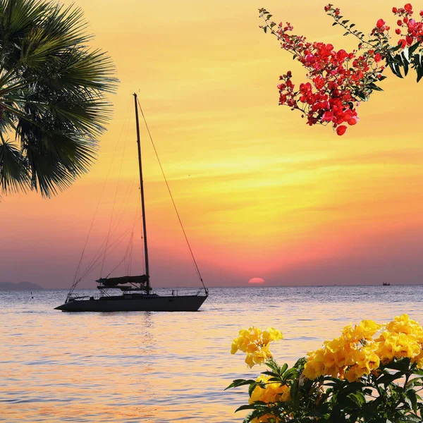 Seascape Scenic Sunset Anchored Boat Deflated Sails Coast Thailand Stock Image