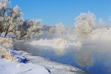 sisli kış manzarası... nehrin üzerinde dondurucu bir sabah... ve kumlu ağaçlar...