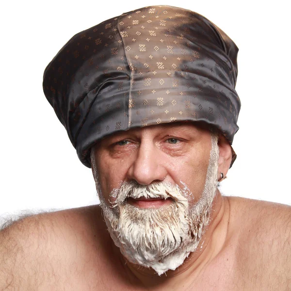 Крупным Планом Портрет Взрослого Мужчины Тюрбанизированной Цветной Бороде Усах Белом — стоковое фото