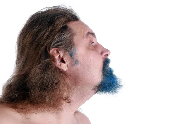 Крупным Планом Портрет Взрослого Мужчины Длинными Волосами Голубой Бородой Голым — стоковое фото