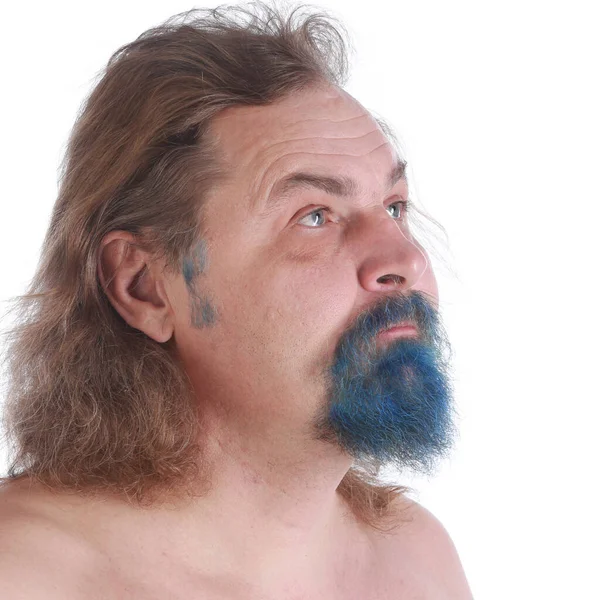 Close Portrait Adult Male Long Hair Blue Beard Naked Torso — Stock Photo, Image