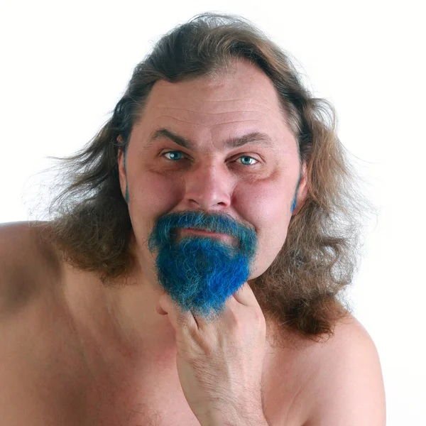 Close Portrait Adult Male Long Hair Blue Beard Naked Torso — Stock Photo, Image