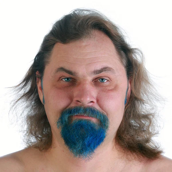 Крупным Планом Портрет Взрослого Мужчины Длинными Волосами Голубой Бородой Голым — стоковое фото