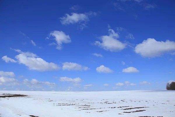 Vår Landskap Snö Smälter Fältet Och Vita Moln Blå Himmel — Stockfoto