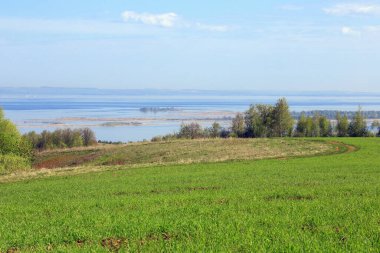 bahar manzarası geniş ve sakin nehir sabahın erken saatlerinde, tepeden manzara