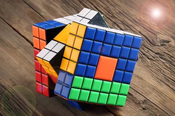 Macro Colorful Rubik Cube Background Old Board Studio — Stock Photo, Image