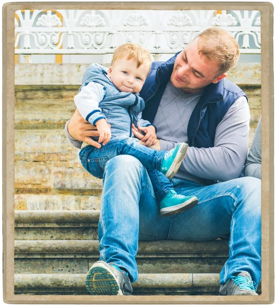 Family  mother and father with child in park walking in same clothes textile jeans jacket — Stock Photo, Image