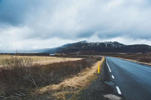 Iceland road landscape with clouds and amply field — Stock Photo, Image